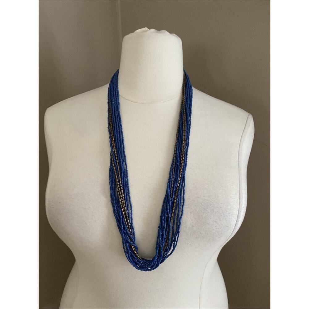 Blue & Bronze Multi Strand Beaded Long Statement Fashion Necklace 34”